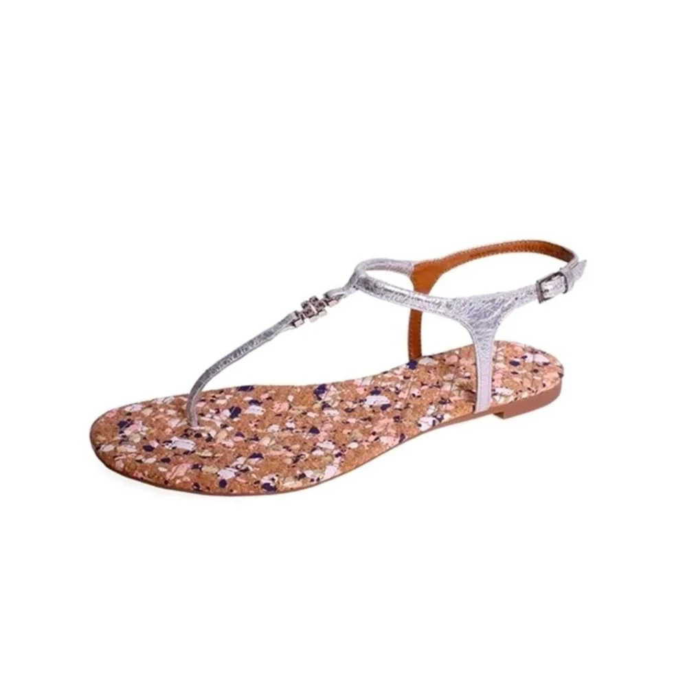 Tory Burch Marion Silver Metallic T-Strap Cork Logo Sandals Shoes‎ Womens 10M